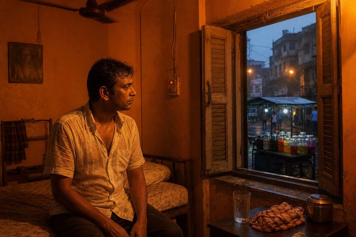 Sleepless Bengali man in an orange Kolkata room during extreme heat