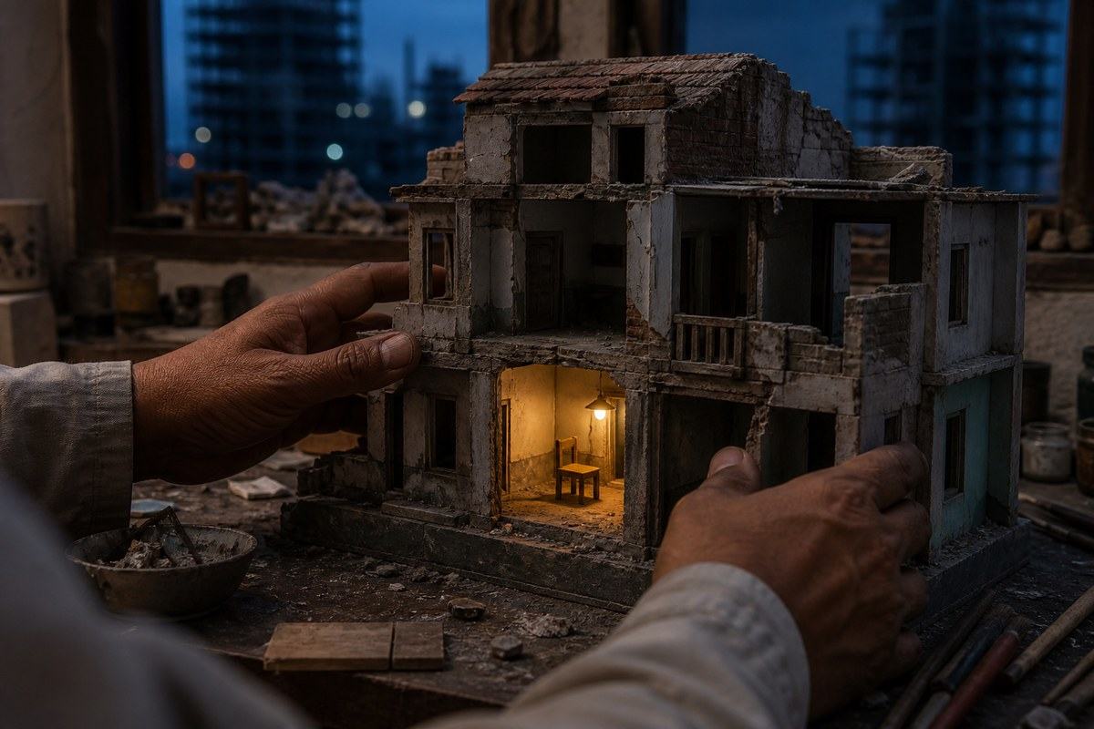 Adult hands steady a broken model house with one warmly lit child’s chair