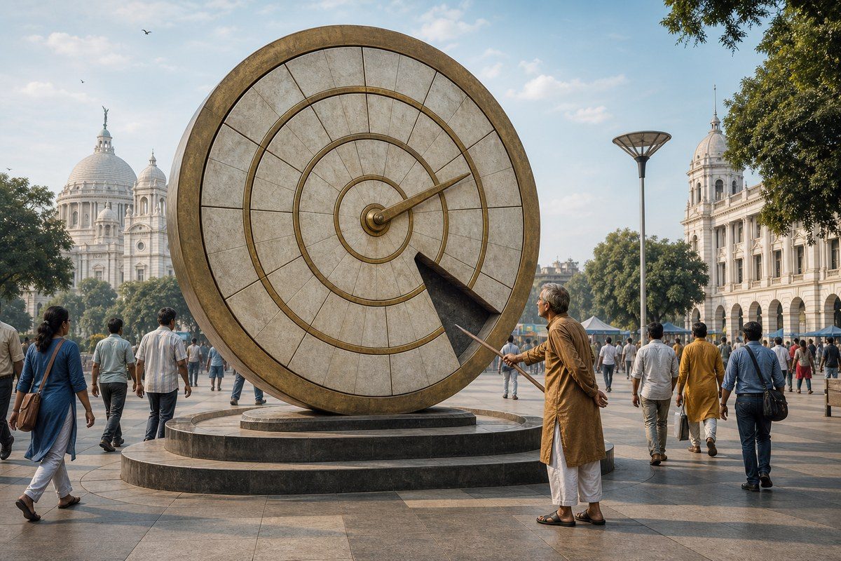 Curious man probes a missing wedge in a giant blank calendar clock as crowds pass