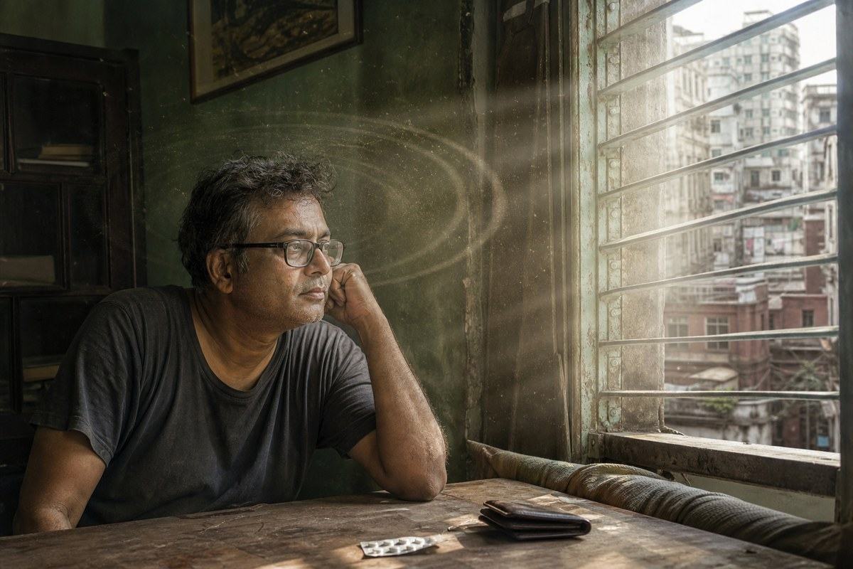 Middle-aged Bengali man resting by a dusty window as soft pressure rings circle through the air