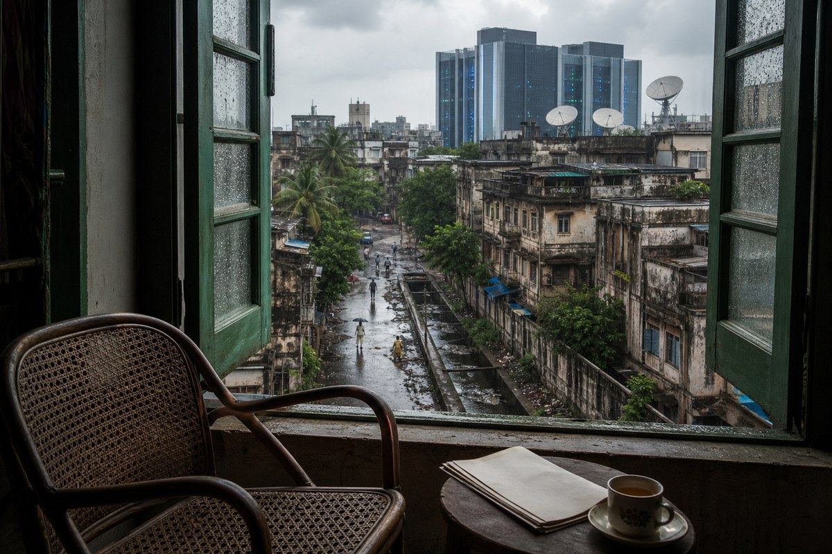 Empty cane chair overlooks an open Kolkata drain and distant data-centre towers