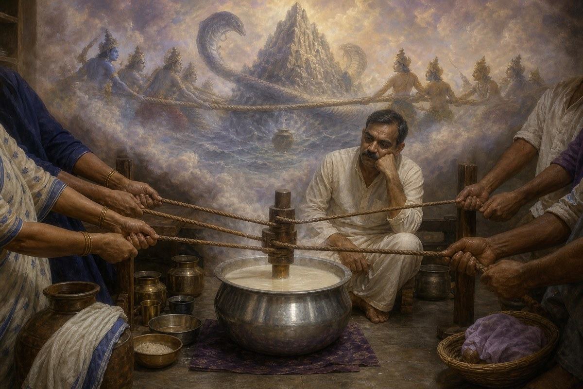 Hands churning rice-starch water as a mythic ocean scene rises through the steam