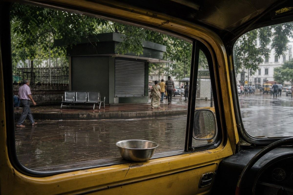 Empty metal bowl rests on a taxi window ledge beside a closed public help counter