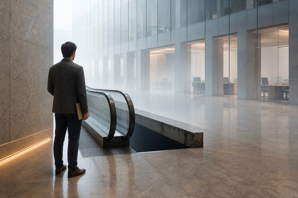 A young professional faces an office escalator whose missing entry section disappears into fog