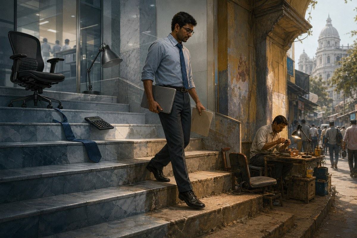 Office worker descends steps where corporate objects become street-side tools