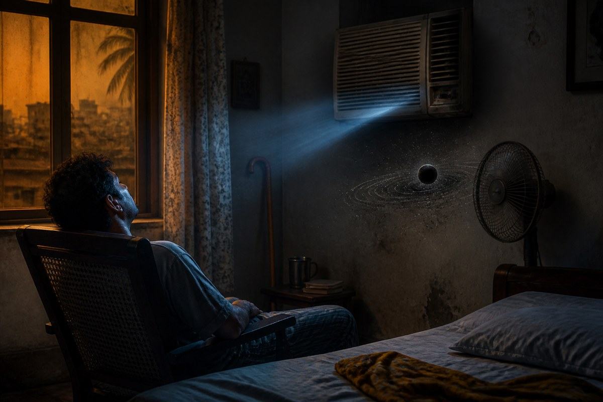 Tired man cooled by an old air conditioner beside a tiny black sphere bending dust into orbit