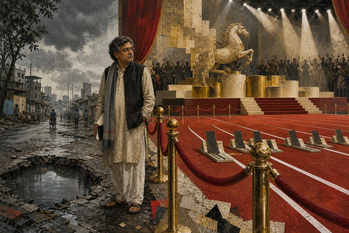 Bengali writer standing outside a ceremonial race beside a rain-filled pothole