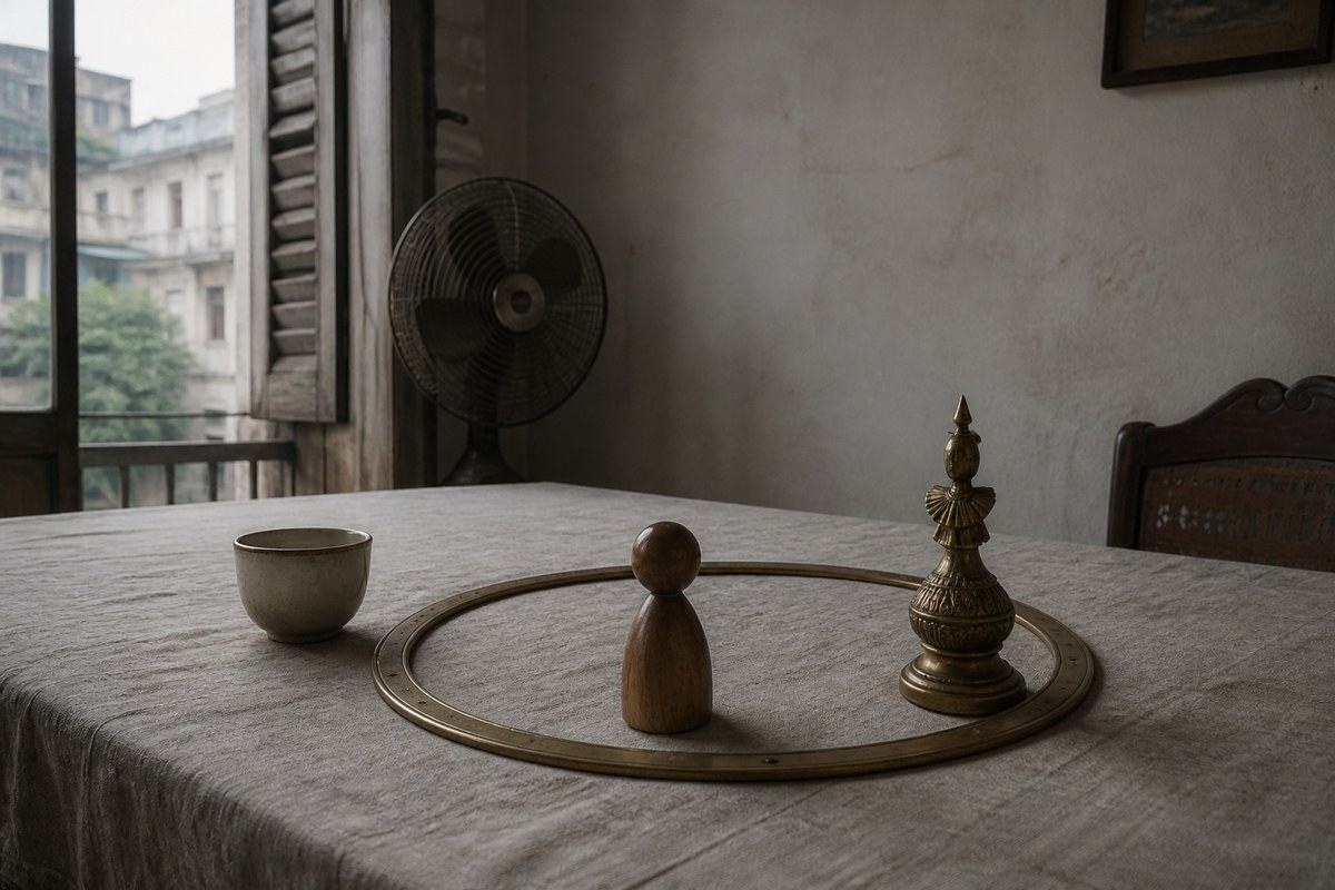 Plain wooden figure and ornate chess piece sharing a circular brass track