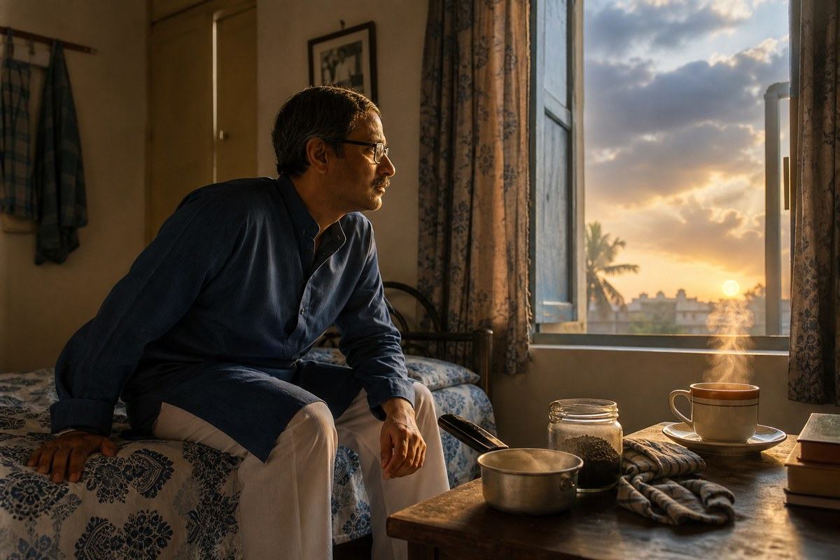 Bengali man rising from bed as steam from morning tea lifts a golden sun