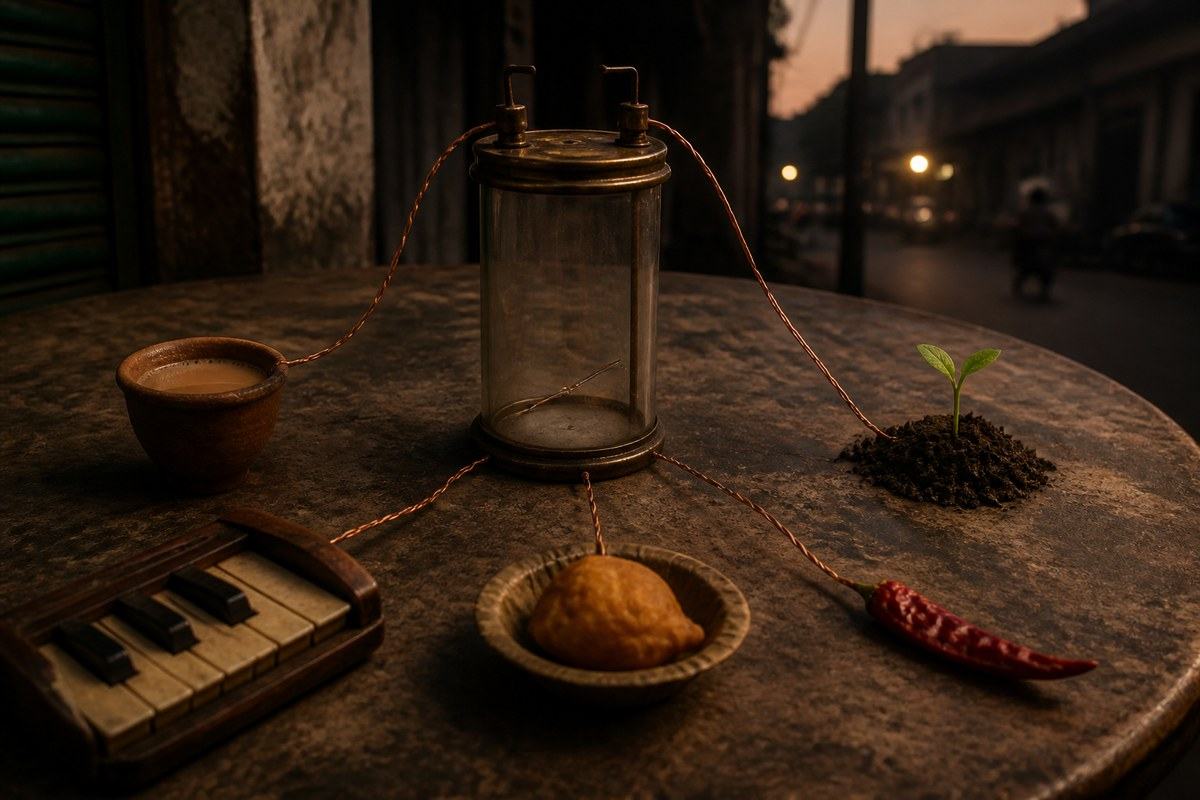 Empty glass battery connected to tea, music, food, chilli and a small green sprout
