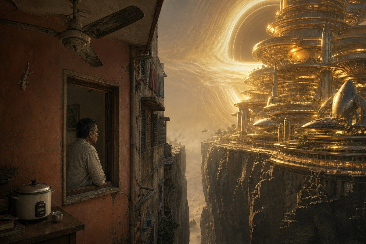 South Calcutta room facing a vast chasm and an impossible tower of golden wealth