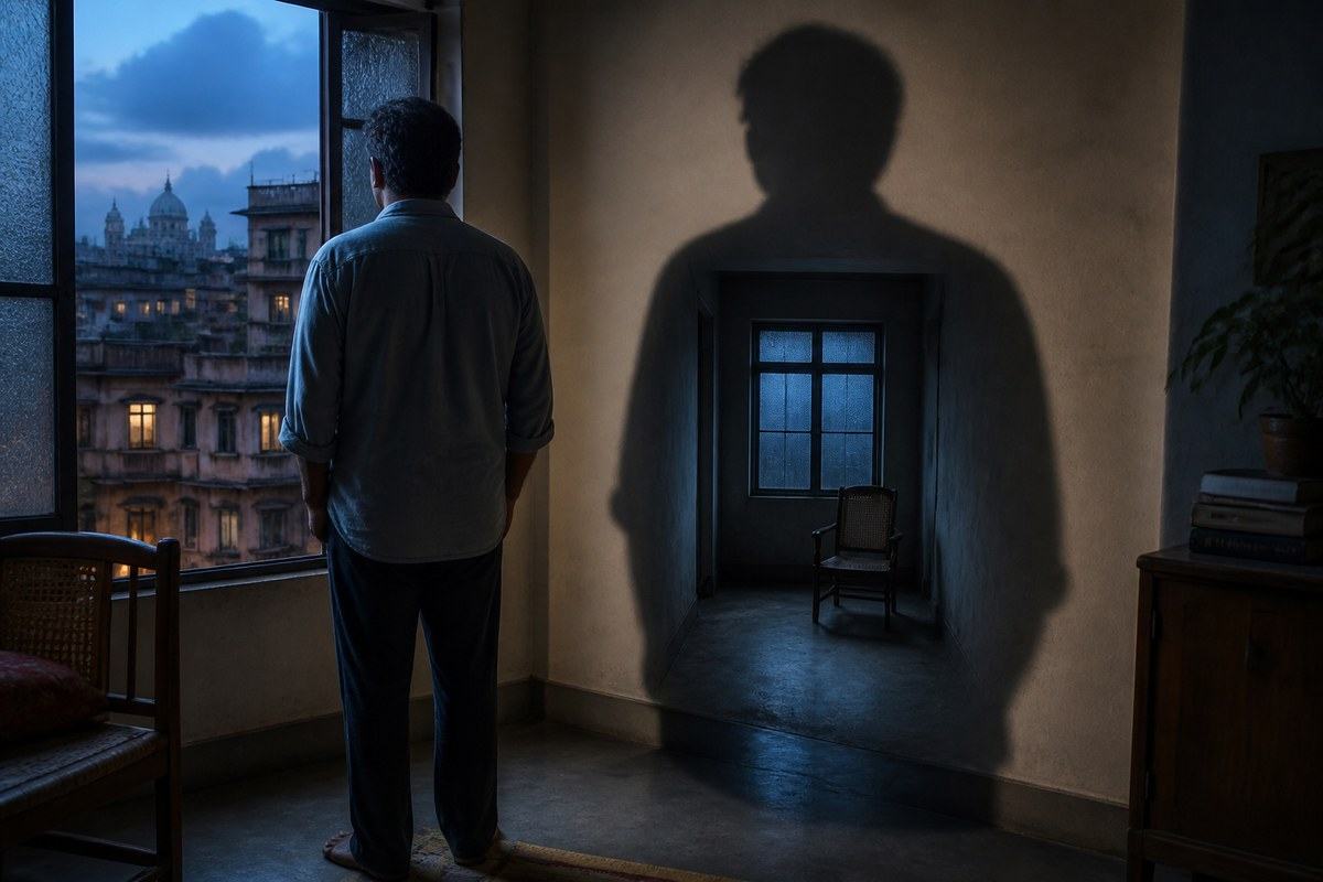 Man faces a Kolkata window while his shadow contains a smaller empty room