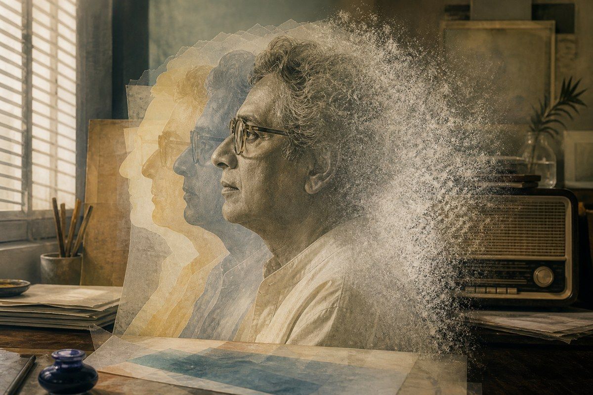Layered portrait silhouettes dissolving softly into paper fibres beside an old radio