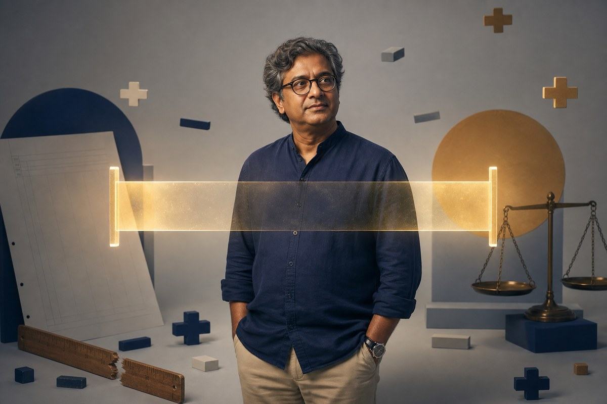 Bengali man surrounded by a broad translucent interval of light and broken measuring tools