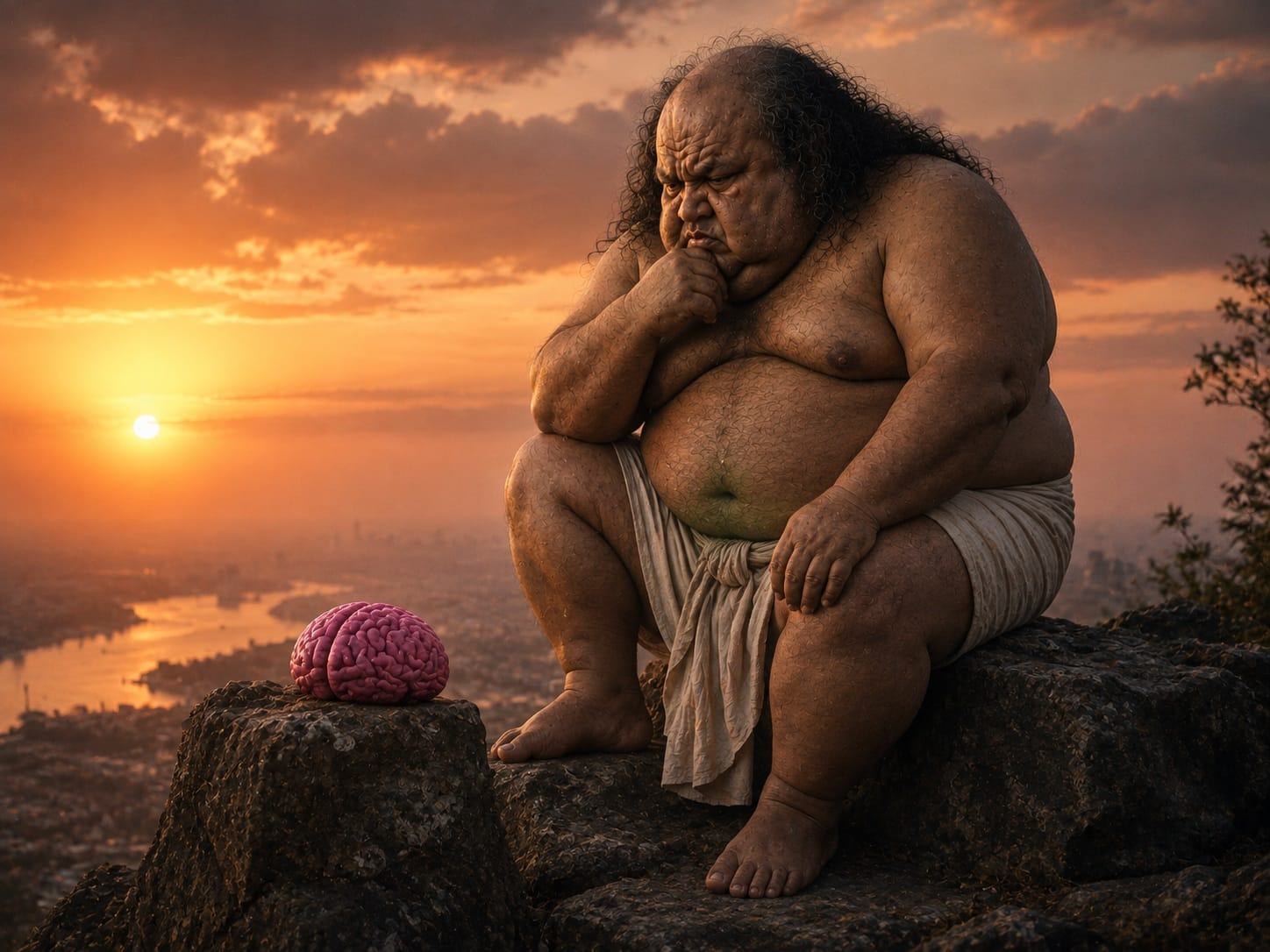 A weary caveman crouched on a rock at sunset, the monsoon behind him and a glowing brain beside his feet