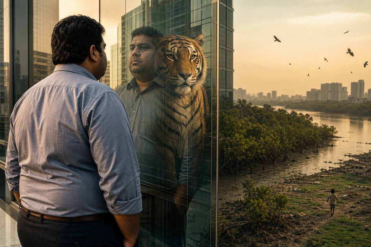 Urban man reflected with a Sundarbans tiger beside a shrinking mangrove landscape