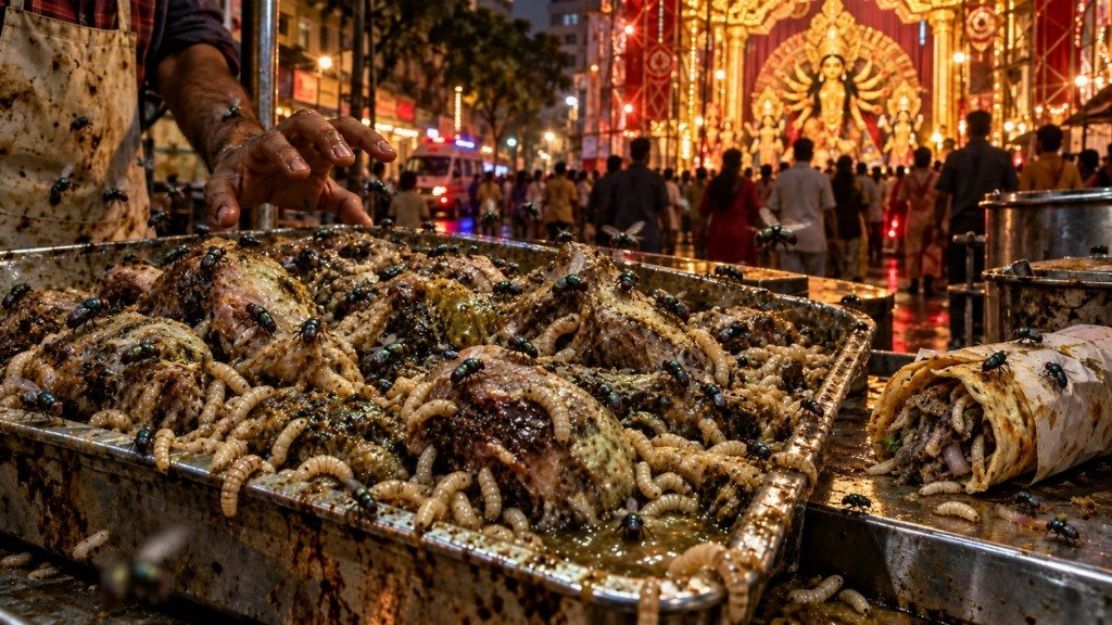 A food vendor's hand reaches toward rotting meat and a roll swarming with maggots and flies on a street stall counter, against a glowing Durga Puja pandal and crowded Calcutta street at night.
