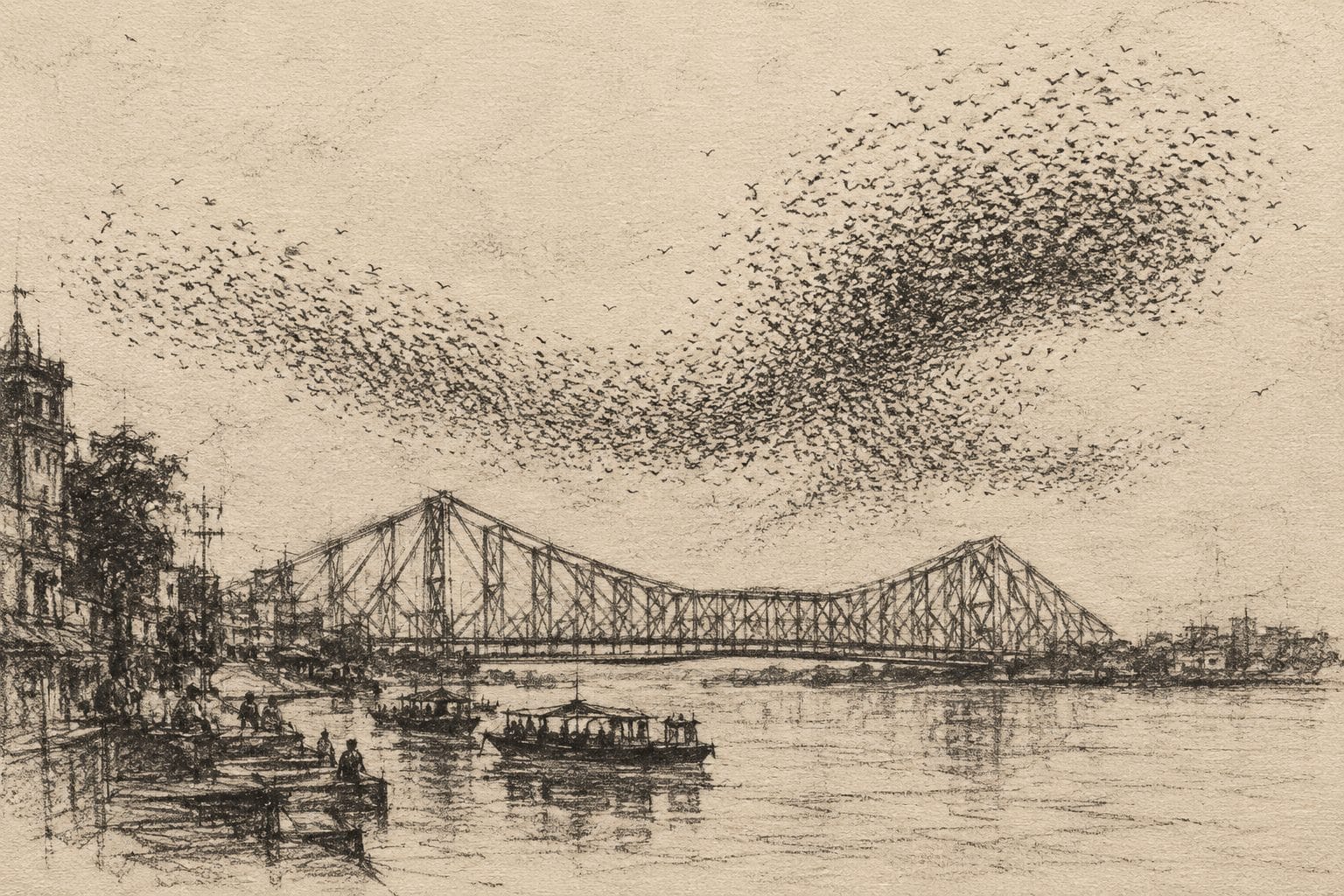 A flock of birds swirling above Howrah Bridge over the Hooghly at dusk, drawn in fine ink with boats below