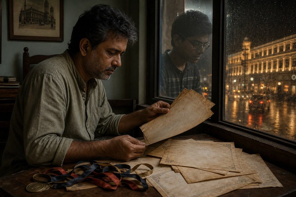 Middle-aged Bengali man sorting damp blank certificates beside a rain-lit city window