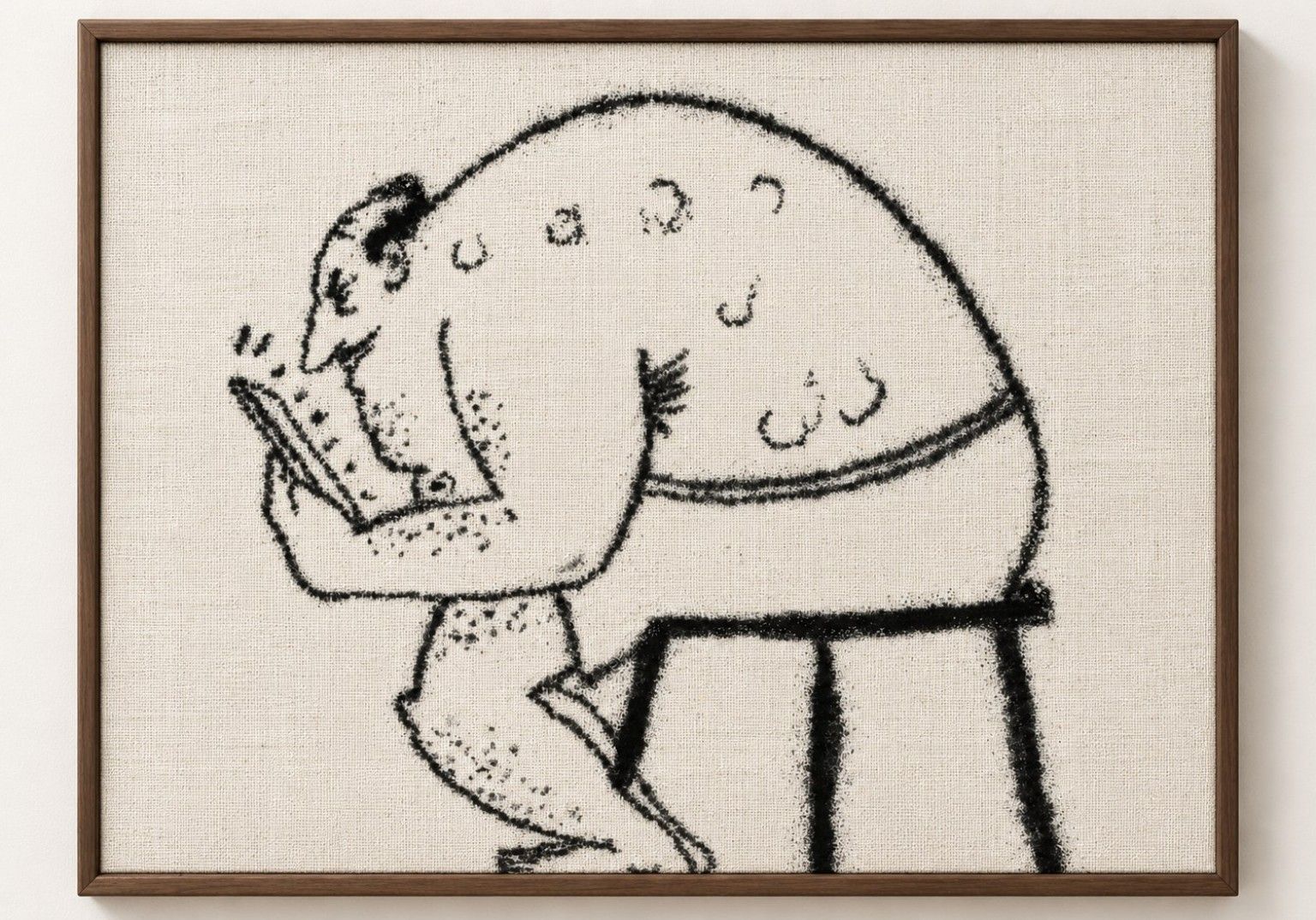 Framed charcoal drawing on textured canvas of a hunched man seated on a stool and looking at a handheld screen.