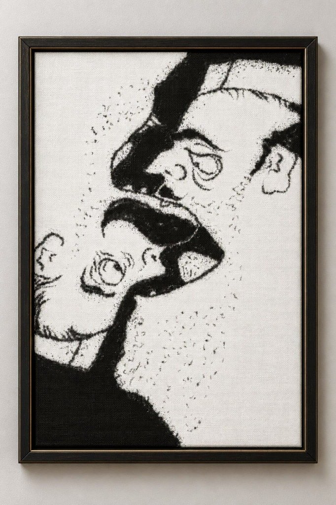 A framed monochrome charcoal illustration on textured canvas of two caricatured faces confronting each other in profile with wide open mouths