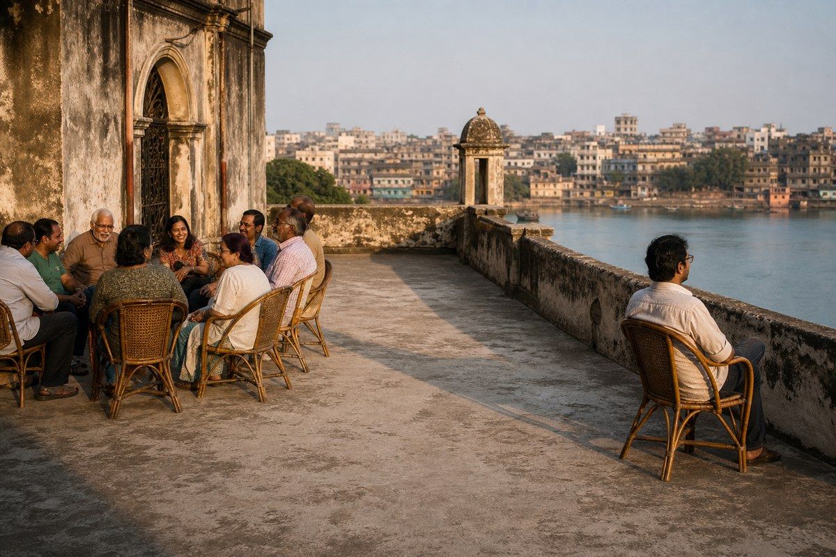 Solitary man sits apart from an adda circle on a Kolkata riverside terrace
