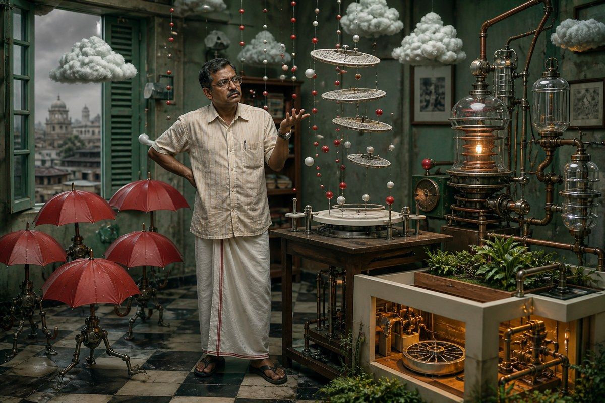 Bengali man in a surreal weather laboratory with red umbrellas, clouds, and floating wafer discs