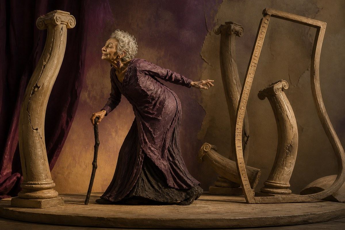 Older person with a curved spine moving gracefully among buckling classical columns