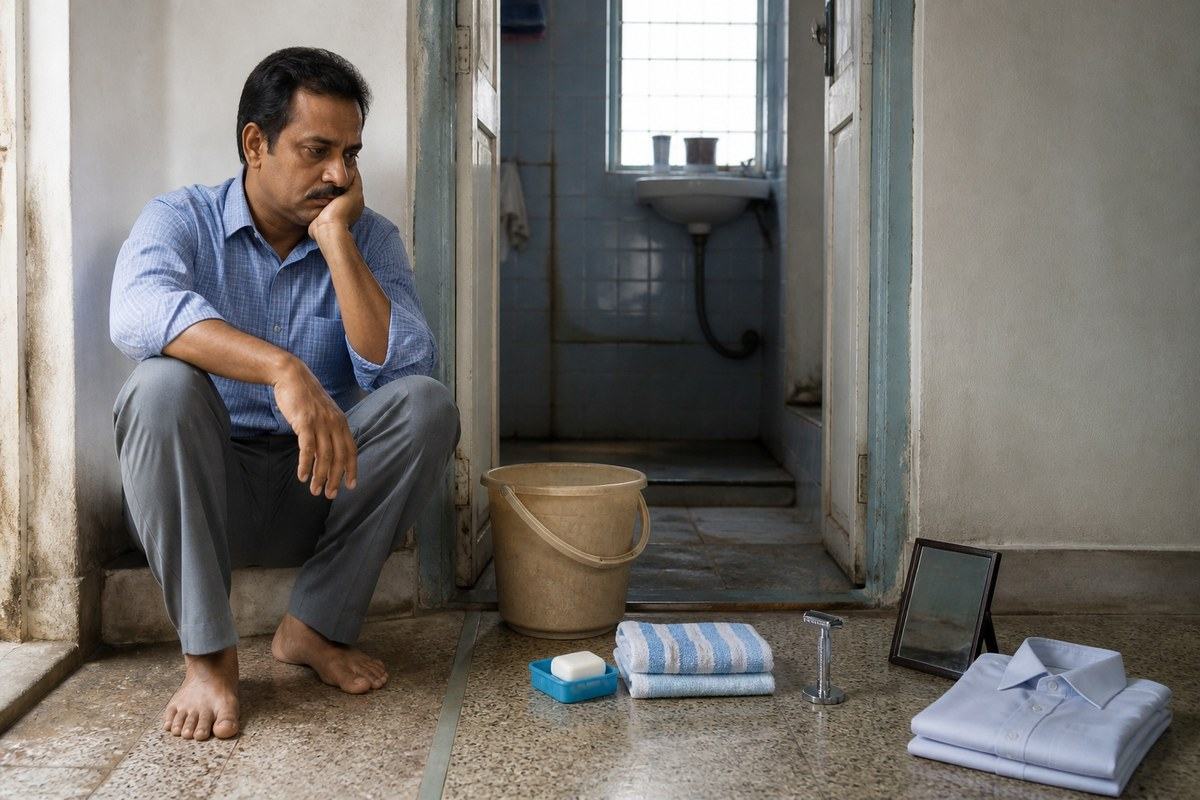 Fully clothed Bengali man facing a bathroom doorway and an obstacle course of grooming objects