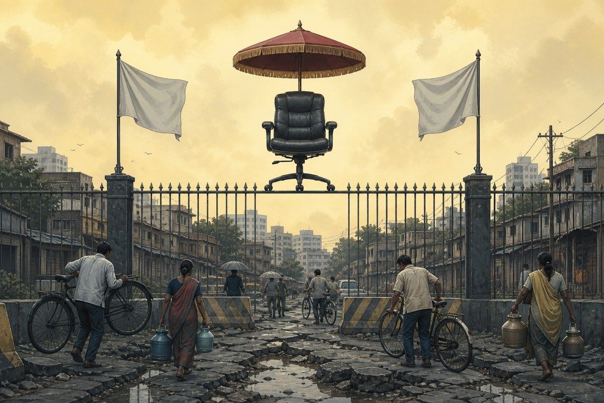 Empty executive chair balances atop a fence while commuters navigate potholes below
