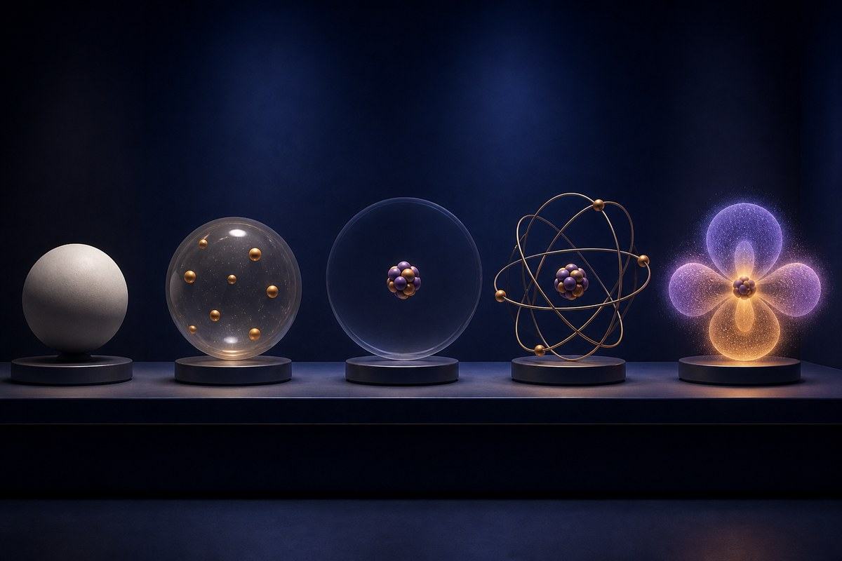 Five historical atom models progressing into a quantum probability cloud
