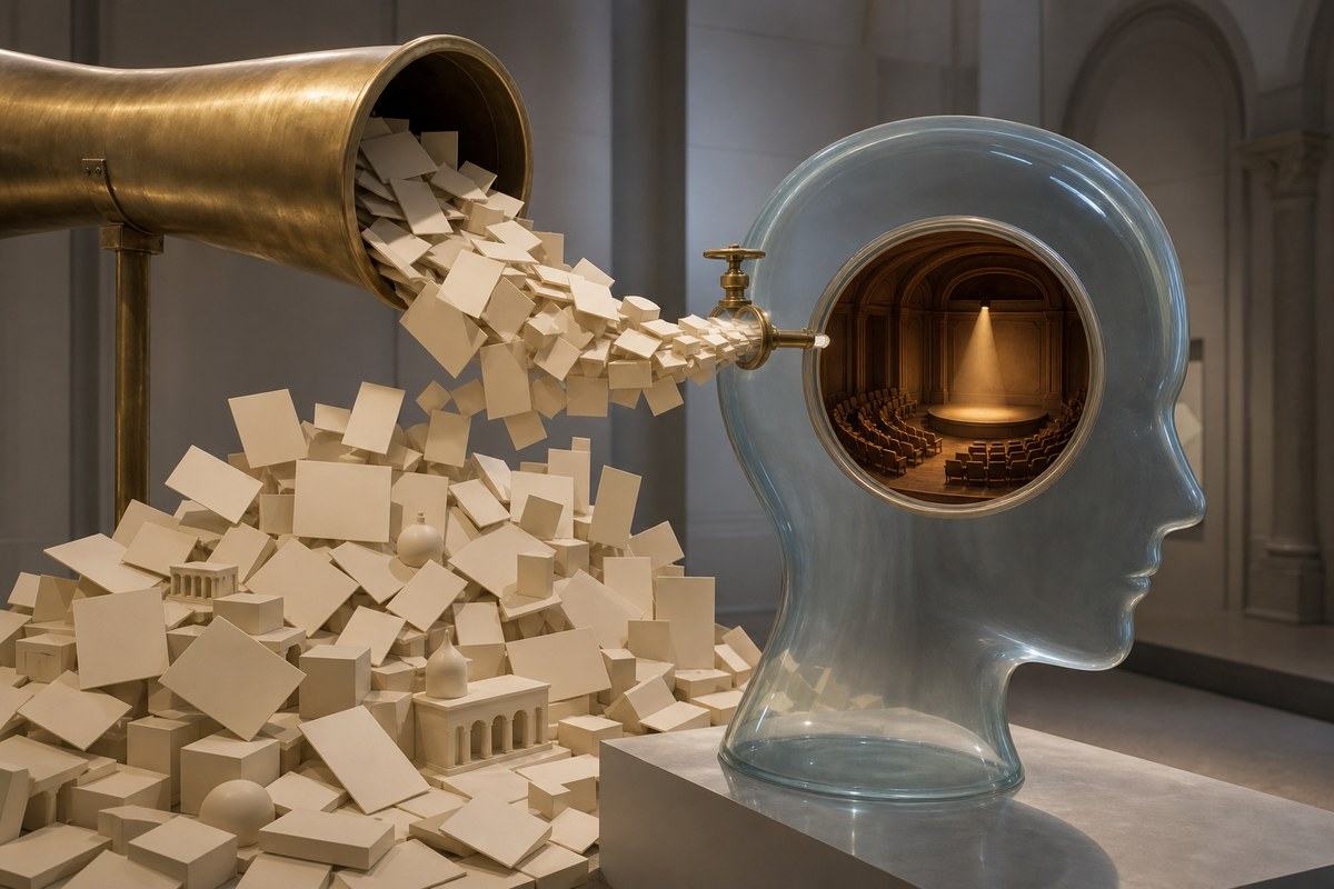 Huge brass pipe funnels blank information cards toward a tiny theatre inside a glass head