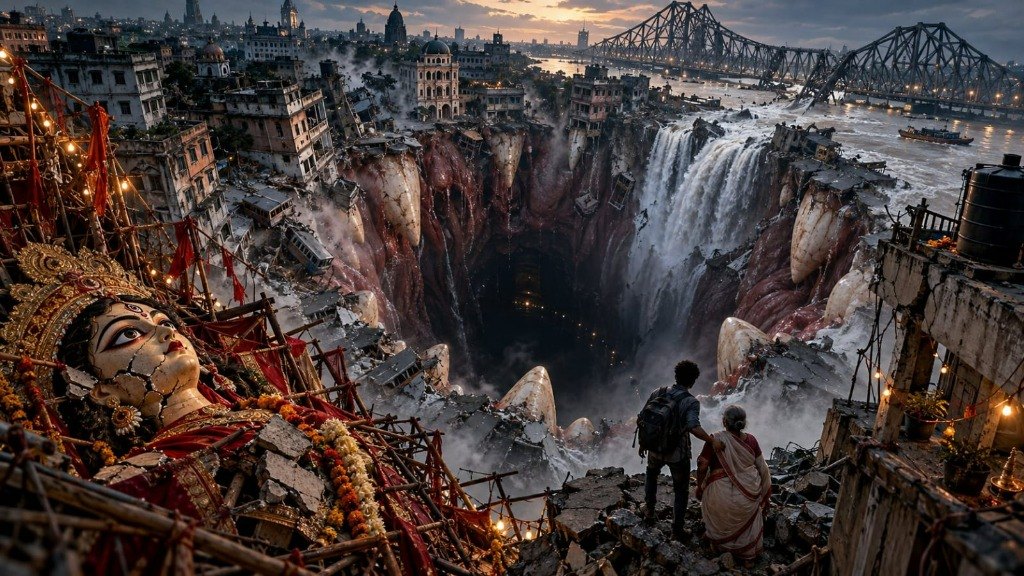 A young man and his mother stand on cracked earth overlooking a massive circular chasm swallowing Calcutta during Durga Puja, with the Hooghly river cascading into the fleshy maw lined with giant pale teeth beside a crumbling Durga idol and the Howrah Bridge.