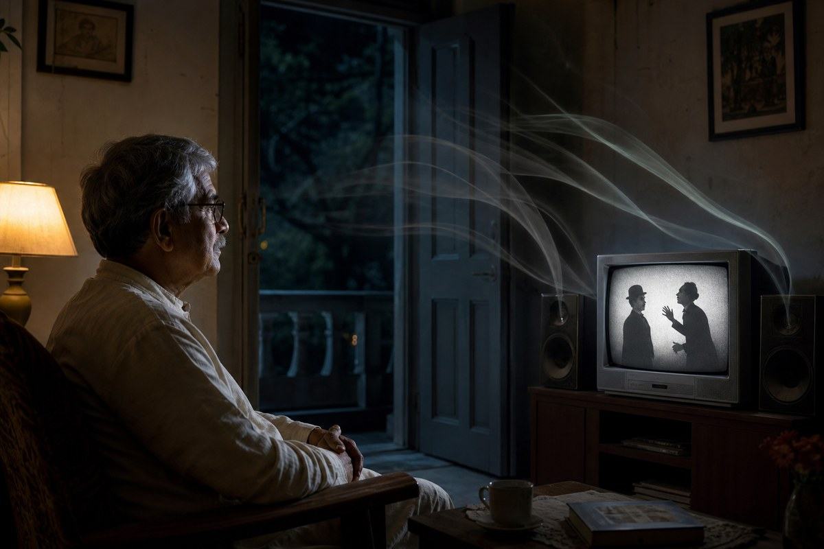 Older Bengali man watching silent comedy as pale laughter ribbons leave through the doorway