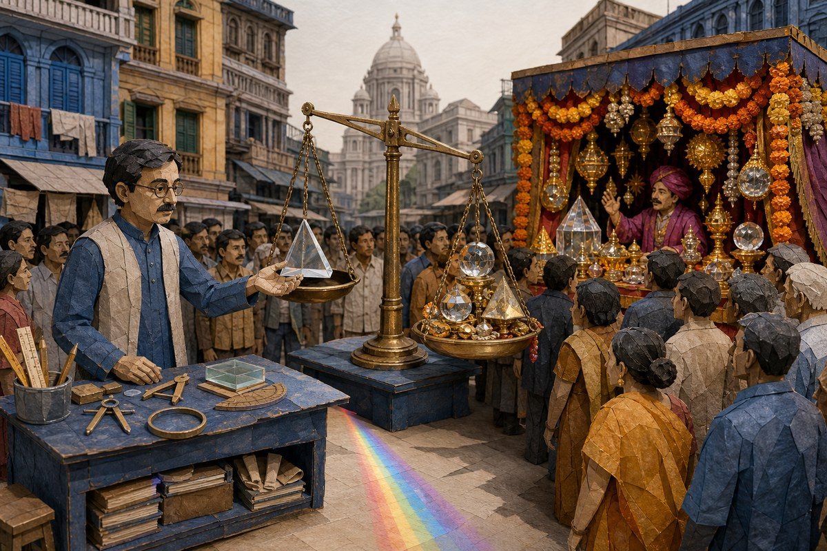 Calcutta science teacher offering a clear prism beside a crowded stall of glittering superstition