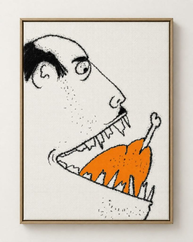 A framed canvas illustration of an anxious man with sharp jagged teeth swallowing an orange chicken drumstick.