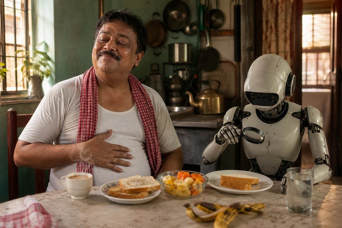 Bengali man enjoys breakfast beside a robot unable to eat or digest