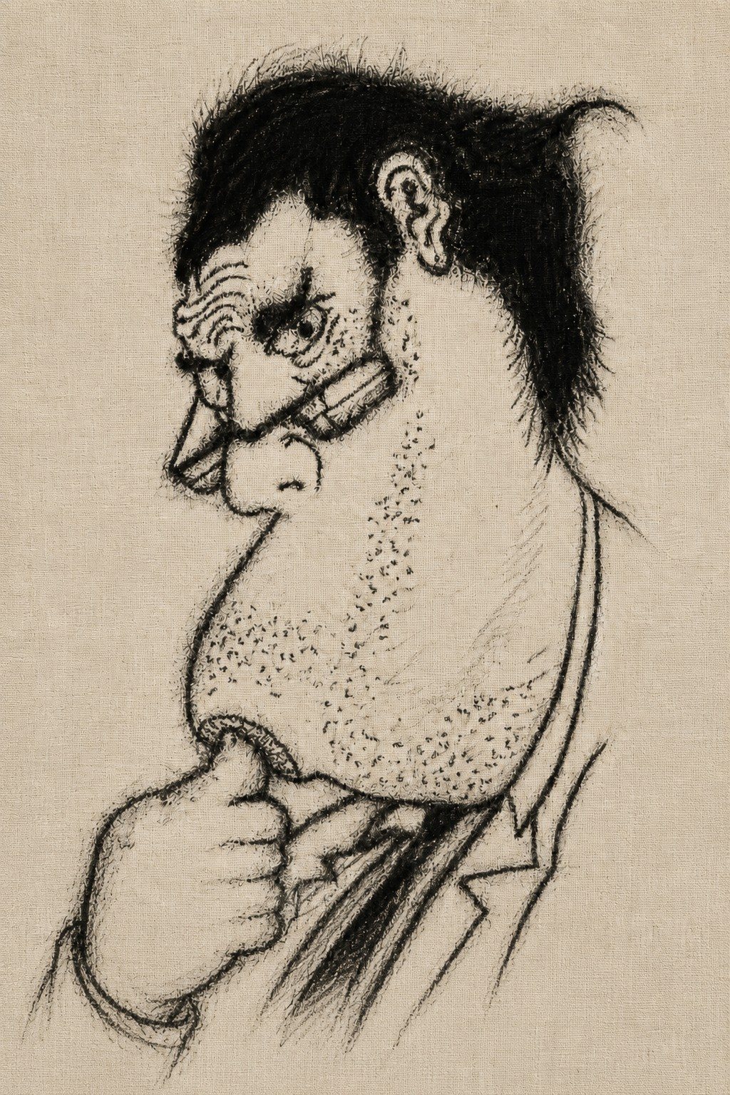 Charcoal caricature of a brooding man in profile, chin resting on his fist, drawn on warm canvas