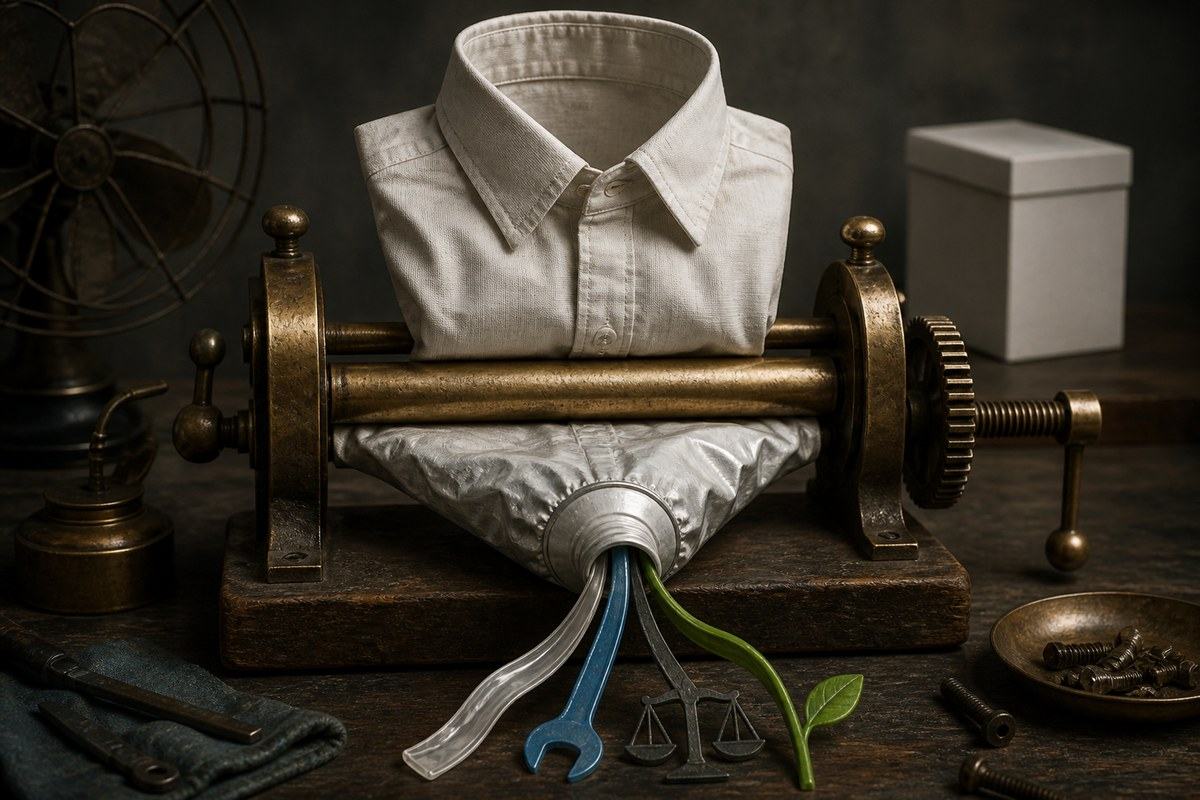 Collared metal tube passes through brass rollers and releases tools, scales and a green sprout
