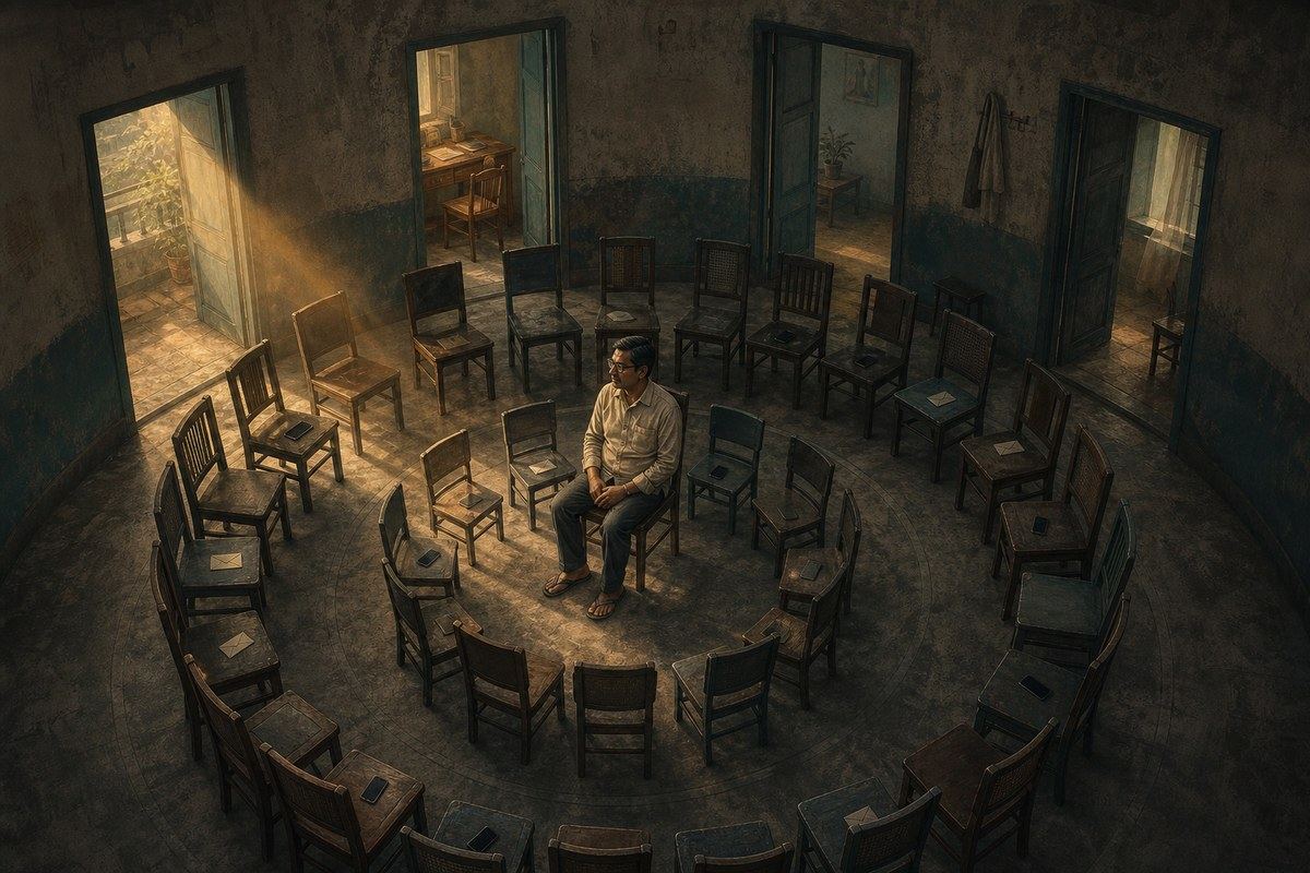 Bengali man sitting alone inside concentric rows of empty waiting-room chairs