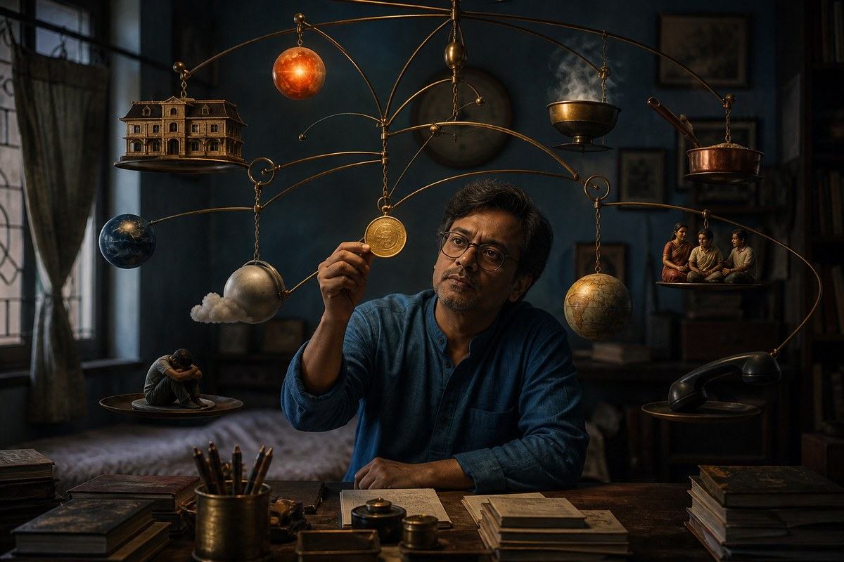 Bengali man aligning a token beneath an intricate mobile of orbiting domestic burdens