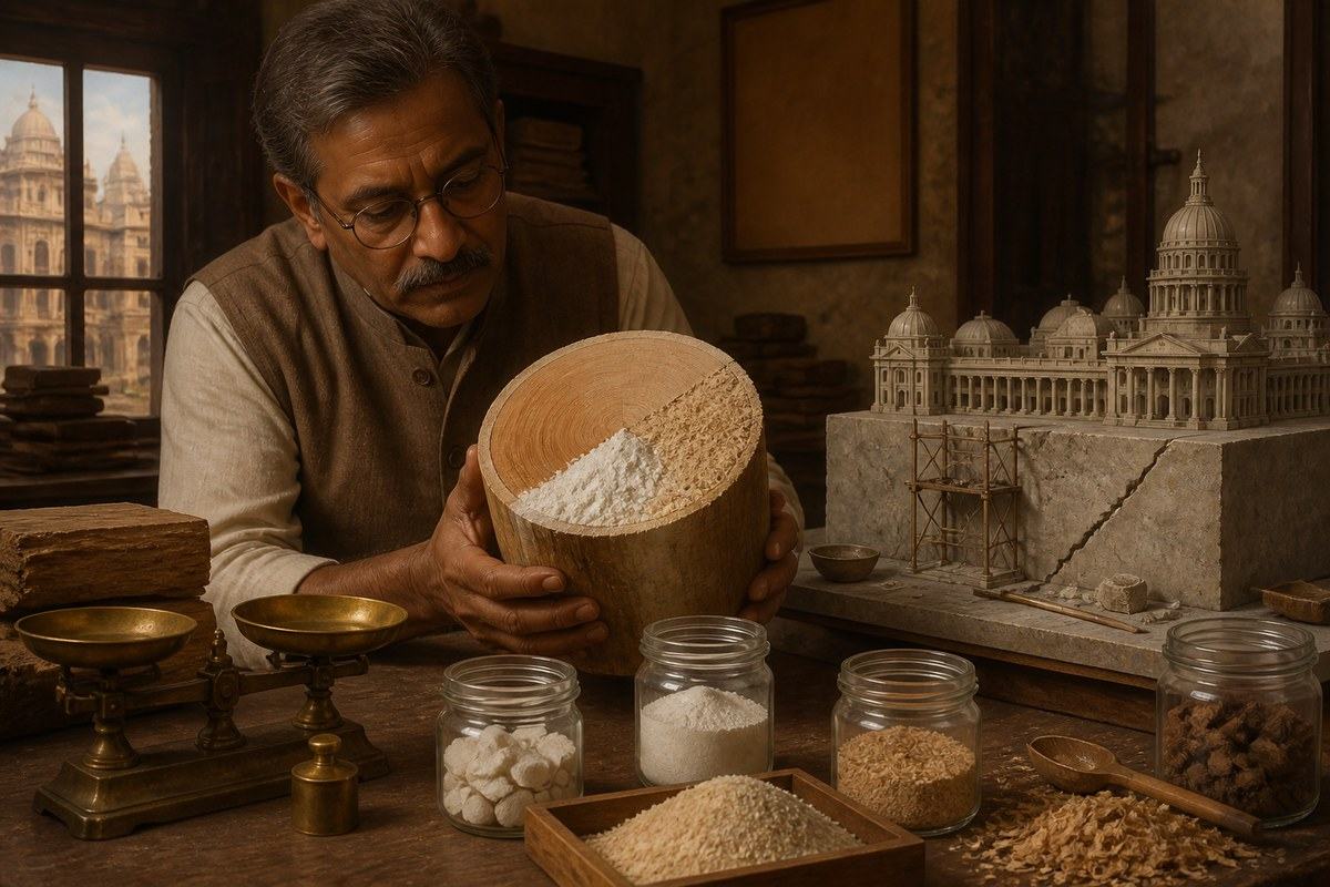 Man examines a wooden core adulterated with chalk and sawdust beside a cracked civic model
