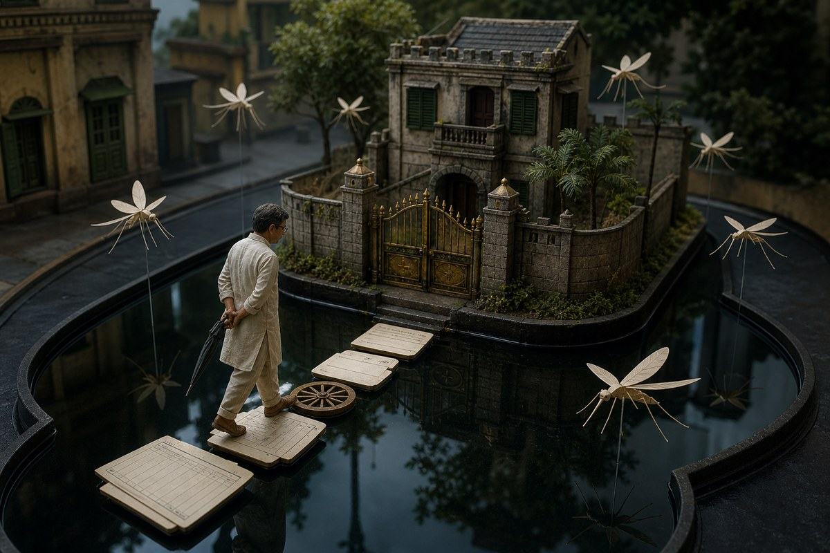 Bengali man crossing paper stepping stones over a dark glass moat with paper mosquitoes