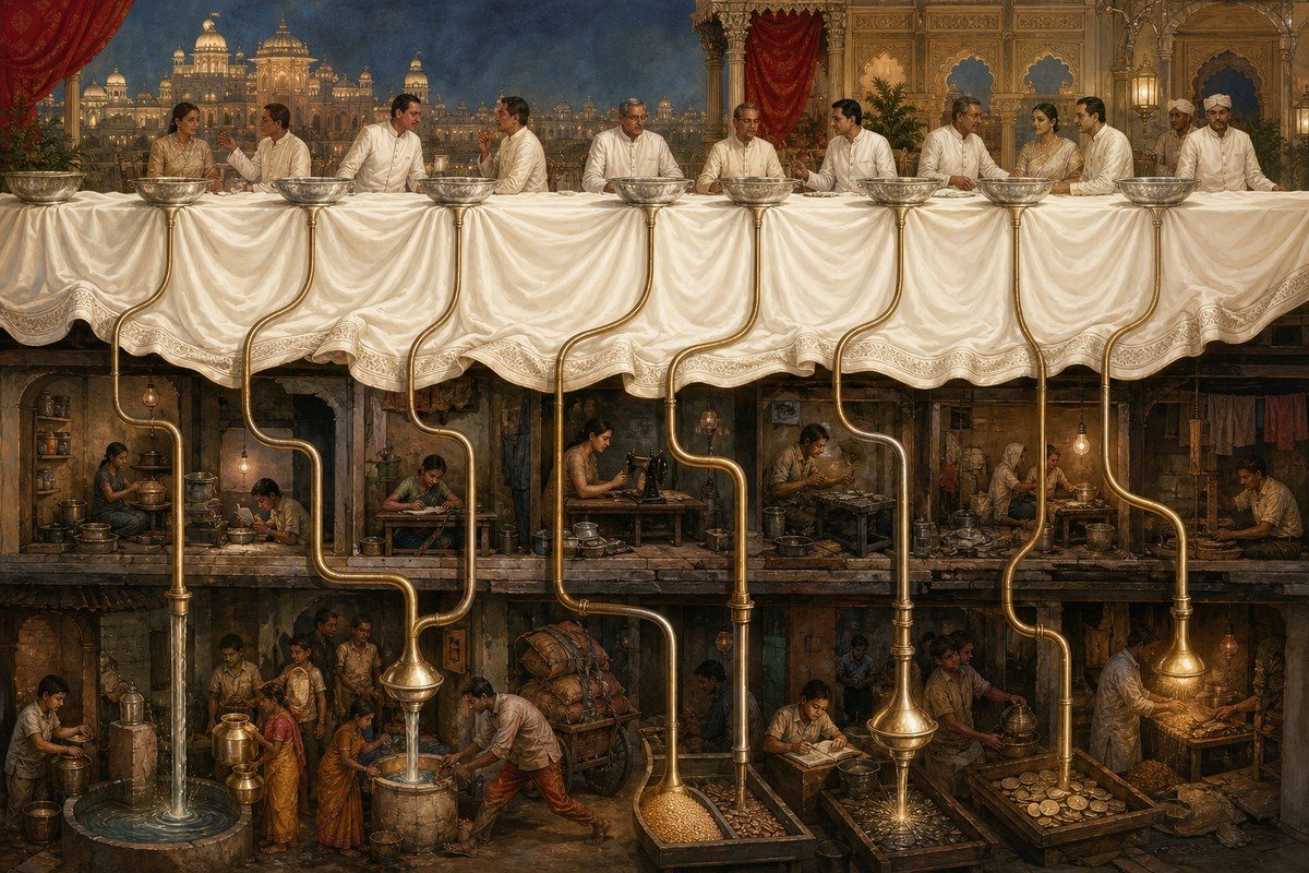 White-clad banquet above a neighbourhood siphons grain, coins, water, and light