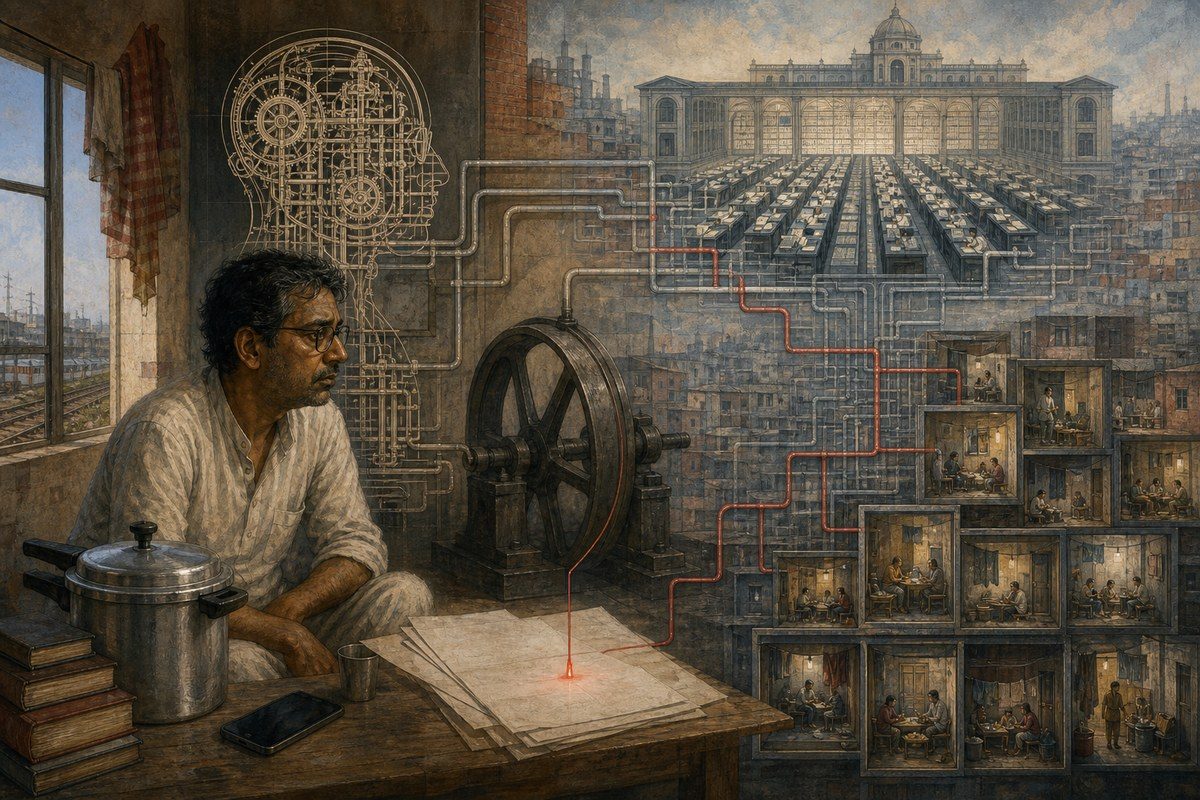 Bengali man beside a pressure cooker and a public ledger connected by civic pipes