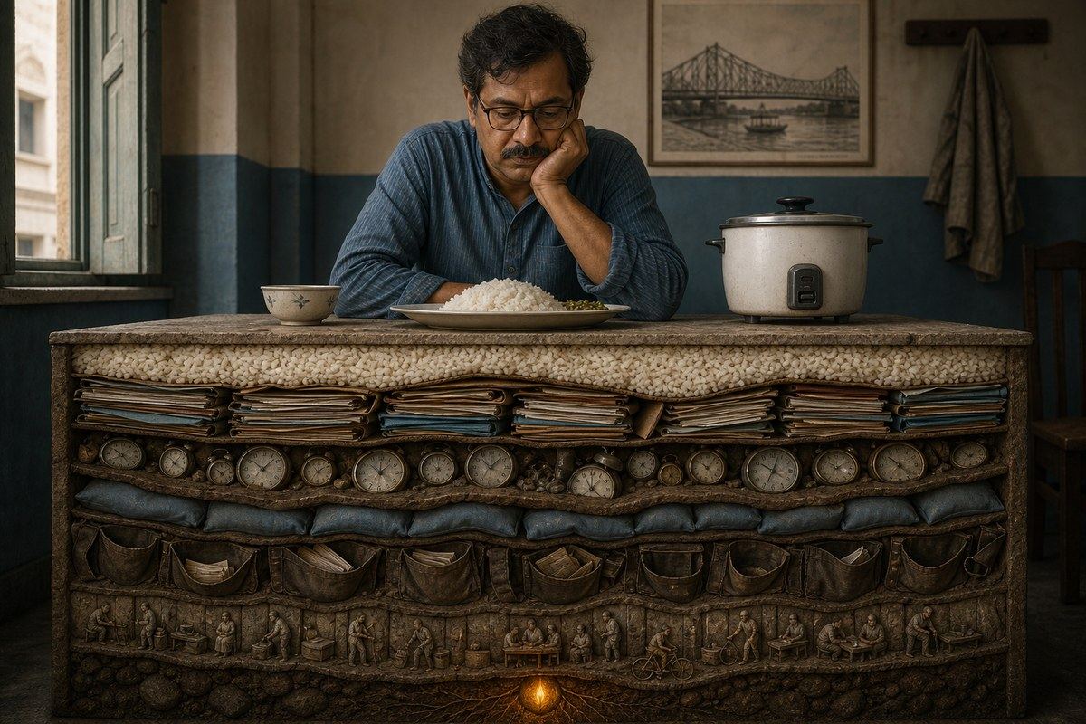 Bengali man eating rice above a museum-like cross-section of compressed daily burdens