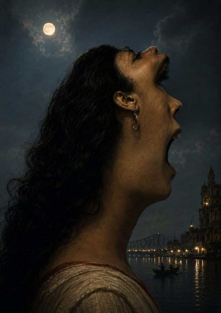 Dramatic illustration of a screaming person looking up at a full moon over the Hooghly River with Howrah Bridge in Calcutta at night.