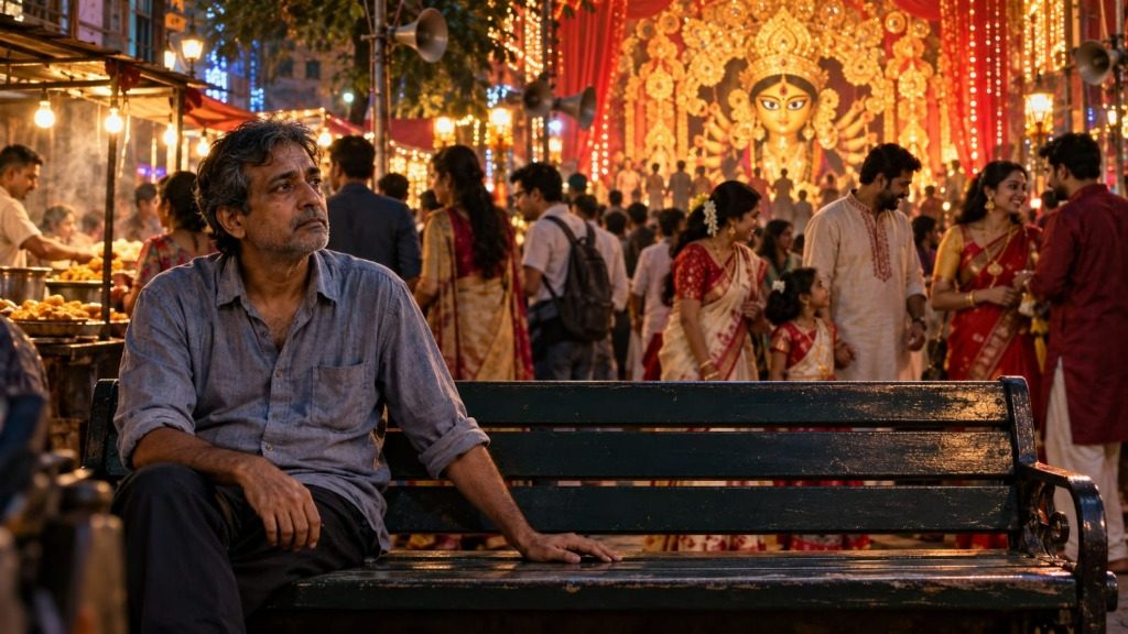 A solitary man against the golden lights of Durga Puja