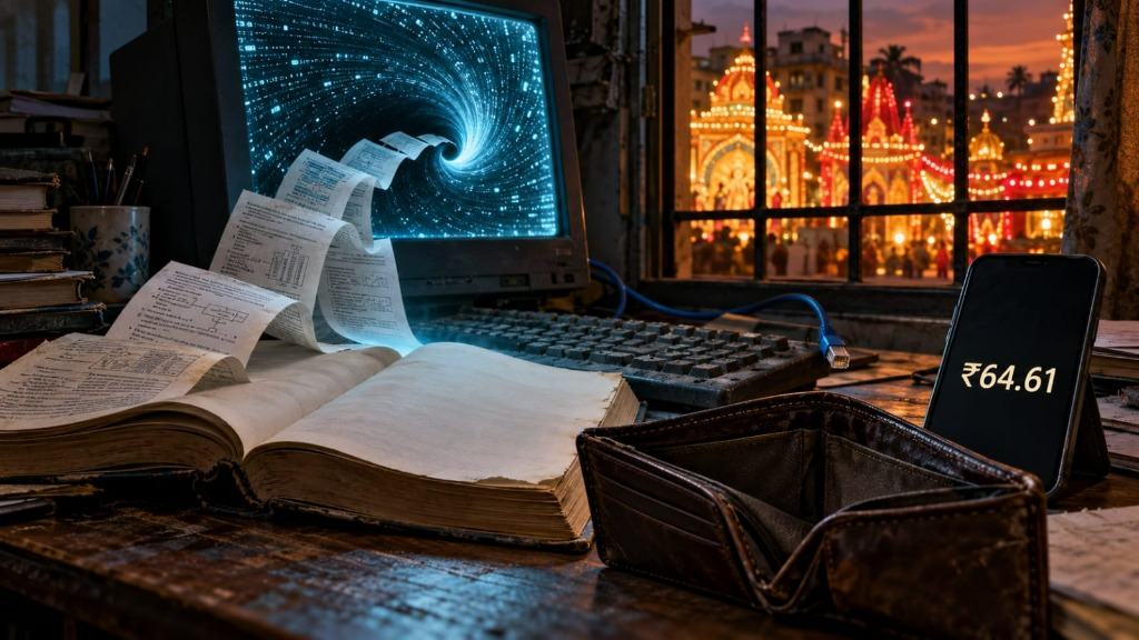 On a worn wooden desk in a dim room, a CRT monitor swirls with binary code and spills printed diagrams onto an open book beside an unplugged blue ethernet cable, an empty brown leather wallet, and a phone displaying ₹64.61, while a brightly lit Durga Puja pandal glows outside the barred window.