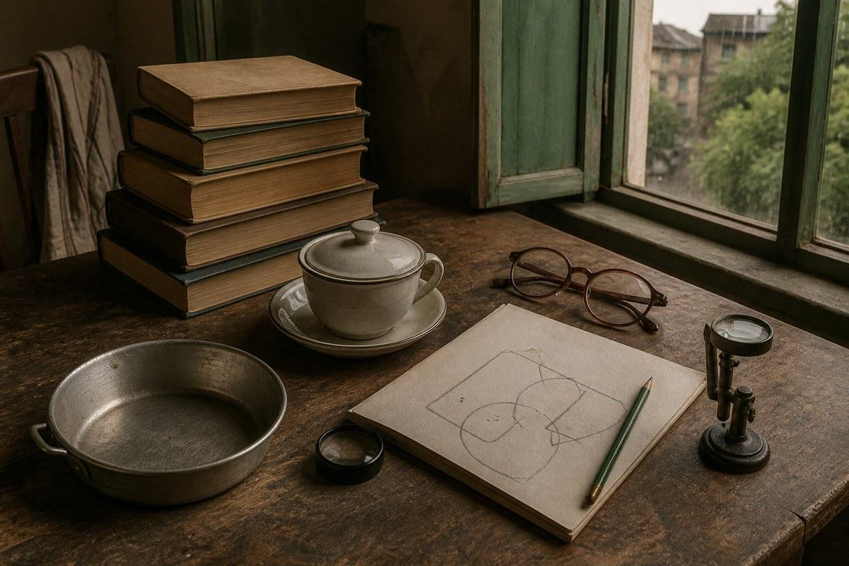 Worn books, covered tea cup, pan, glasses, and a simple sketch share a Calcutta table